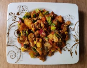 Boiled sweet potatoes and vegetable mix